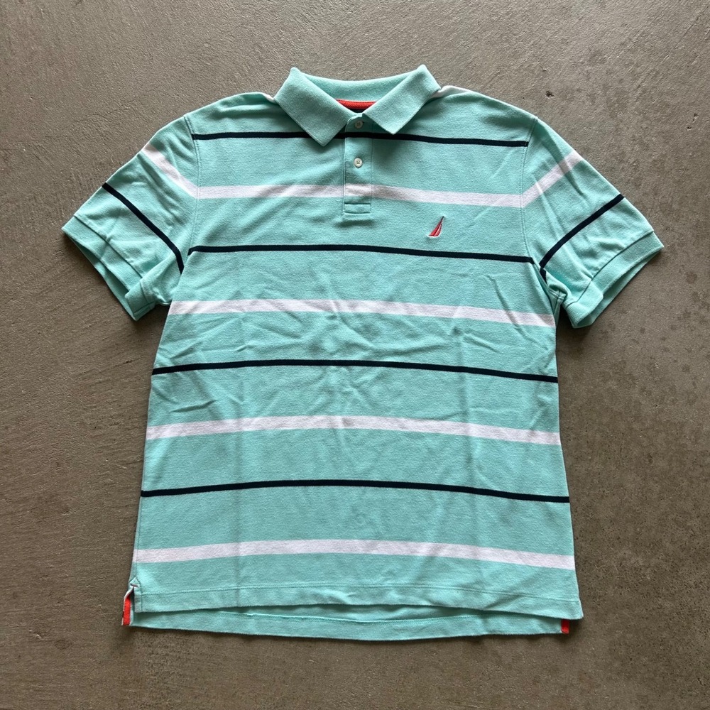 Nautica Performance Deck Polo Shirt Size Large Mint Green Striped Short Sleeve